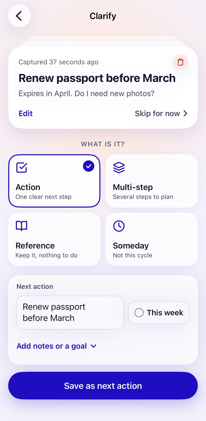 Clarifying a thought as an Action, Multi-step, Reference or Someday